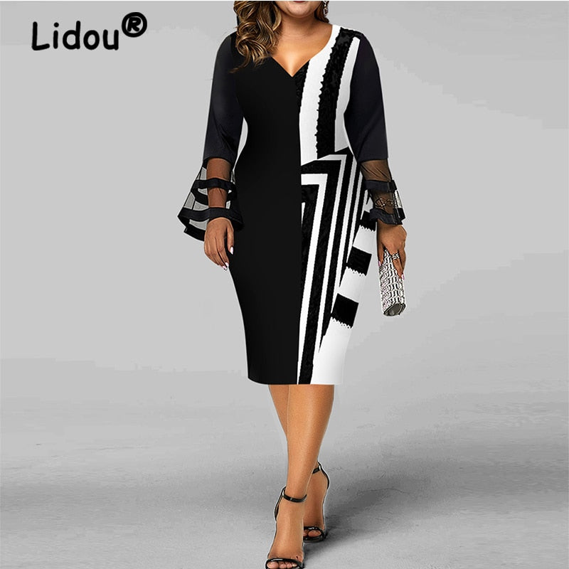 Women’s Plus Size V-Neck Geometric Midi Dress with Lace Detail in 5 Colors Sizes XL-5XL - Wazzi's Wear
