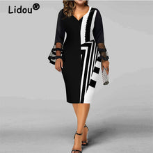 Load image into Gallery viewer, Women’s Plus Size V-Neck Geometric Midi Dress with Lace Detail in 5 Colors Sizes XL-5XL