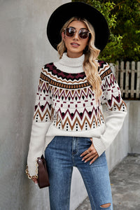 Women's Striped Long Sleeve Turtleneck Vintage Sweater in 4 Colors S-XL