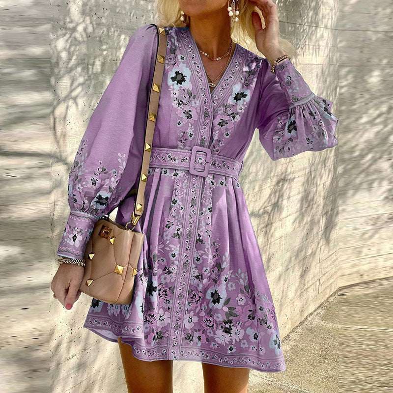 Women’s Long Sleeve V-Neck Bohemian Dress in 3 Colors S-XL