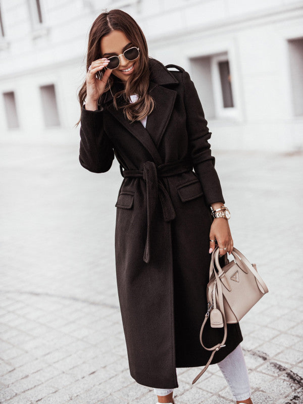 Women's long sleeve wool coat with waist tie, black color, leisure style.