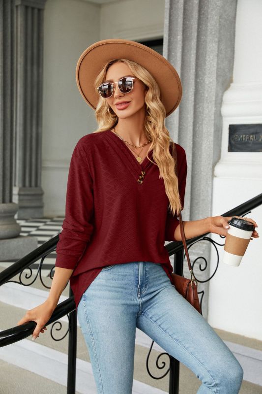 Women’s V-Neck Long Sleeve Top with Buttons in 6 Colors S-XXL - Wazzi's Wear