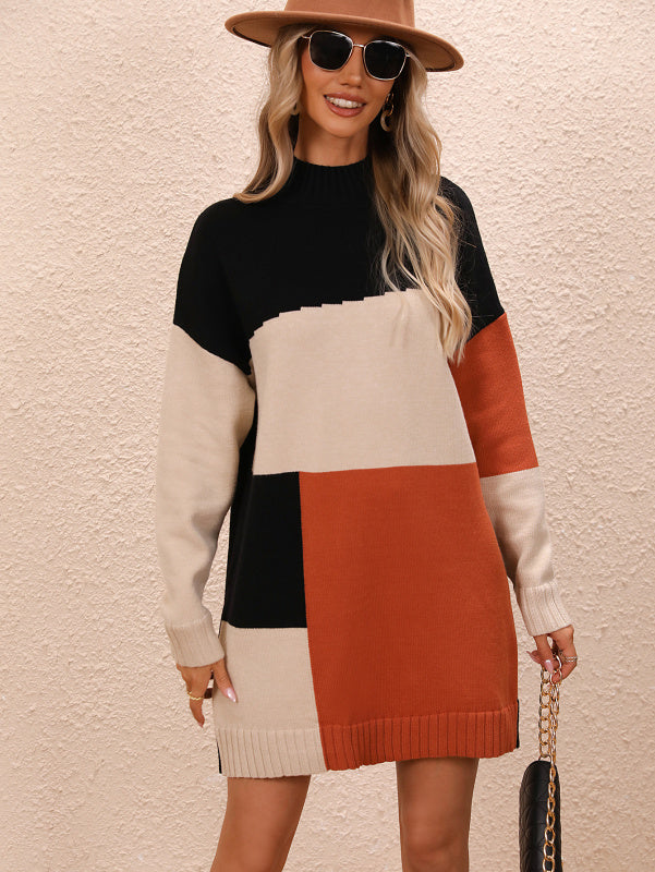 Women's Color Block Crew Neck Knit Sweater Dress in 4 Colors S-XL - Wazzi's Wear
