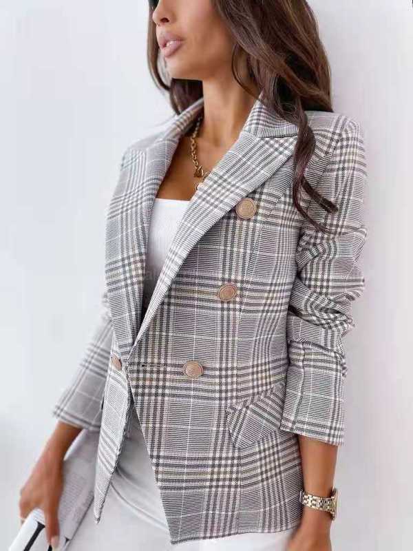 Women's Plaid Double-Breasted Blazer in 2 Colors - Wazzi's Wear