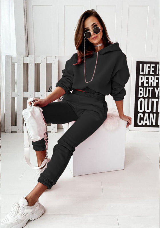 Women’s Long Sleeve Hooded Sweatshirt with Cuffed Sweatpants Set in 5 Colors S-XL - Wazzi's Wear