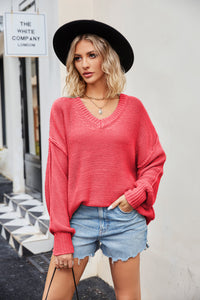 Women's V-Neck Long Sleeve Sweater in 7 Colors S-XL - Wazzi's Wear