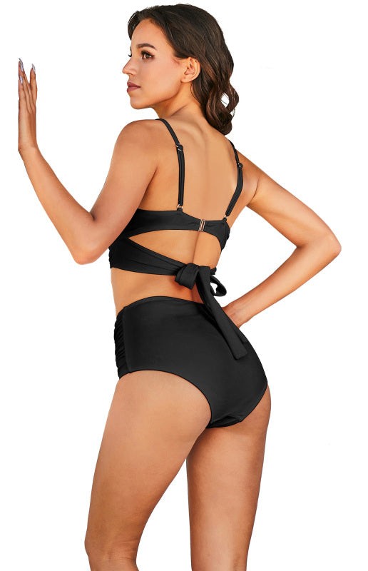Pleated Padded Top & High Waist Bottom Bikini Set in 3 Colors S-1X - Wazzi's Wear