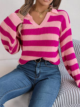 Load image into Gallery viewer, Women’s Striped Long Sleeve V-Neck Knit Sweater in 3 Colors S-L