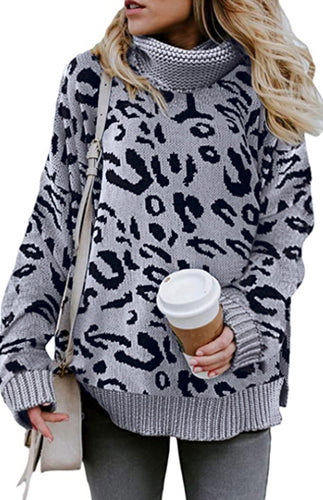 Women's Leopard Print Long Sleeve Turtleneck Sweater in 2 Colors S-XL