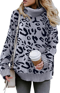 Women's Leopard Print Long Sleeve Turtleneck Sweater in 2 Colors S-XL - Wazzi's Wear
