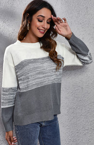 Women’s Grey Colorblock Knit Sweater with Long Sleeves S-L