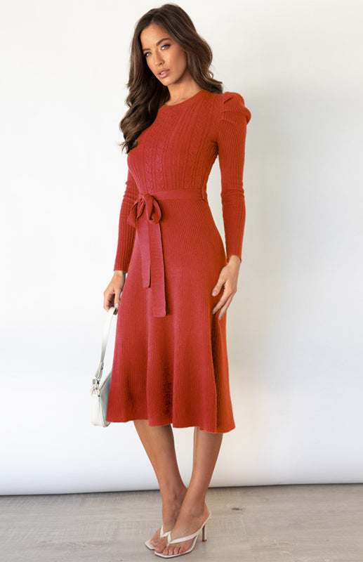 Women's Long Sleeve Cable Knit Sweater Dress with Waist Tie in 5 Colors S-XXL - Wazzi's Wear