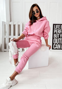 Women’s Long Sleeve Hooded Sweatshirt with Cuffed Sweatpants Set in 5 Colors S-XL - Wazzi's Wear