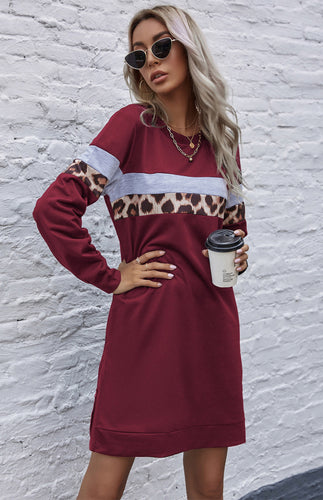 Women's Long Sleeve Colorblock Leopard Print Dress in 2 Colors S-XL