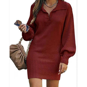Women’s V-Neck Long Sleeve Knit Sweater Dress in 4 Colors S-XXL - Wazzi's Wear