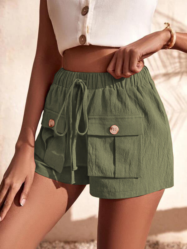 Women’s Solid Mid Rise Drawstring Shorts with Pockets in 6 Colors Sizes 4-16 - Wazzi's Wear