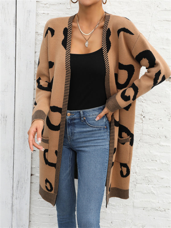Women’s Long Sleeve Leopard Print Mid Length Open Cardigan with Pockets in 2 Colors S-XL