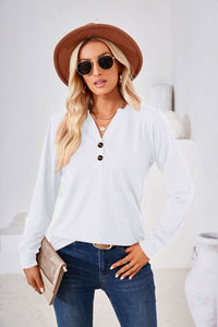 Women’s Solid V-Neck Long Sleeve Top with Buttons in 7 Colors S-XXL
