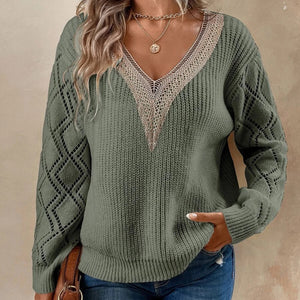 Women’s V-Neck Long Sleeve Sweater with Lace Detail in 2 Colors S-L - Wazzi's Wear