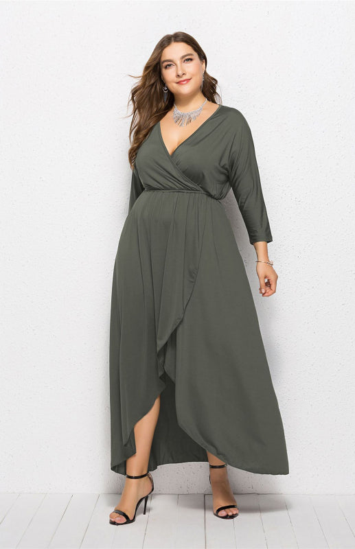 Women's Plus Size V-Neck Dress with Irregular Hem in 8 Colors XL-4XL - Wazzi's Wear