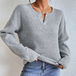 Women's V-Neck Long Sleeve Waffle Knit Sweater in 2 Colors S-L - Wazzi's Wear