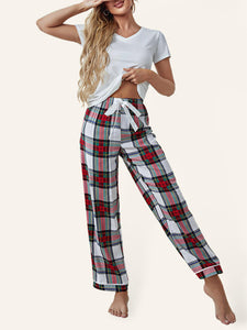 Women's Plaid Short Sleeve Top and Bottom Pyjama Set S-XL