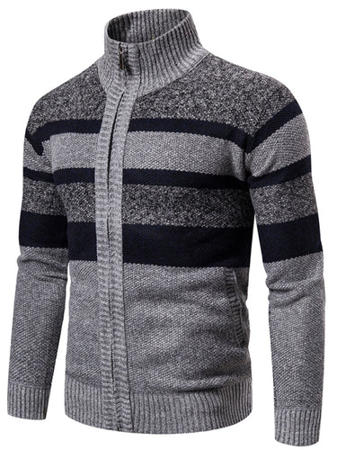 Men’s Zippered Long Sleeve Striped Cardigan Sweater in 4 Colors S-XXL