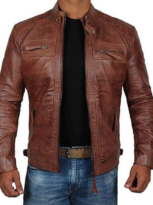 Men's Leather Slim Fit Motorcycle PU Leather Jacket M-5XL - Wazzi's Wear