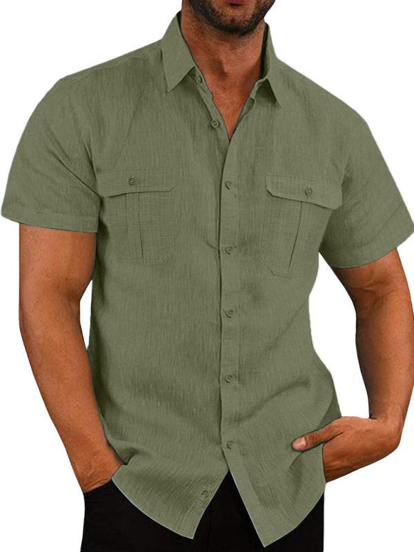 Men's Buttoned Short Sleeve Top with Lapel and Pockets - Wazzi's Wear