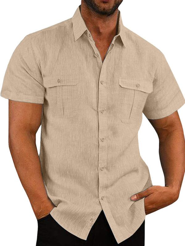 Men's Buttoned Short Sleeve Top with Lapel and Pockets - Wazzi's Wear