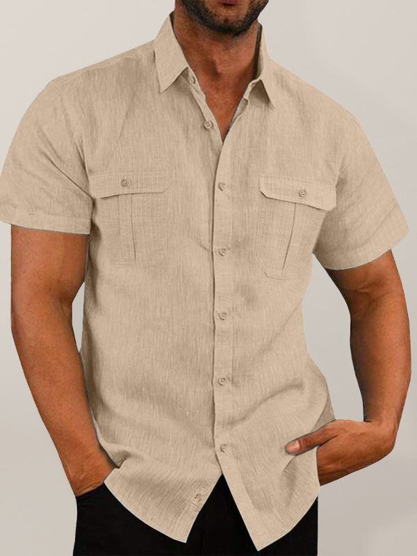 Men's Buttoned Short Sleeve Top with Lapel and Pockets - Wazzi's Wear