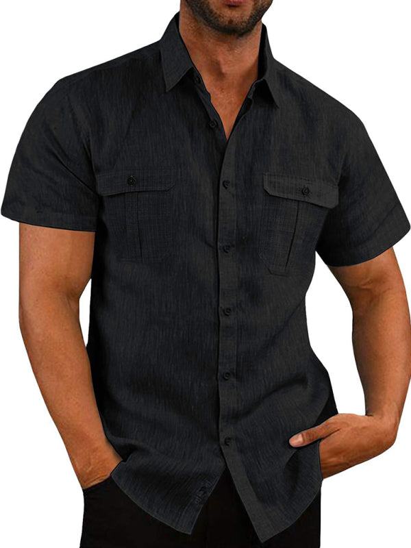 Men's Buttoned Short Sleeve Top with Lapel and Pockets - Wazzi's Wear