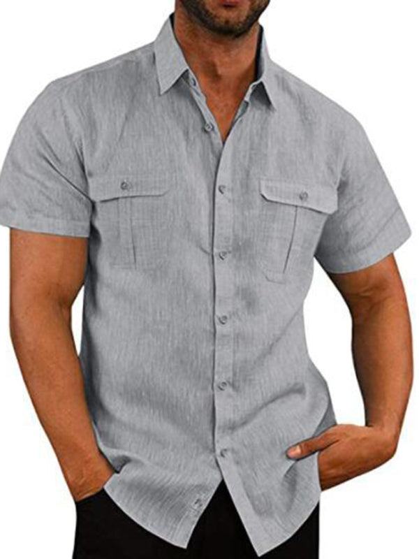 Men's Buttoned Short Sleeve Top with Lapel and Pockets - Wazzi's Wear