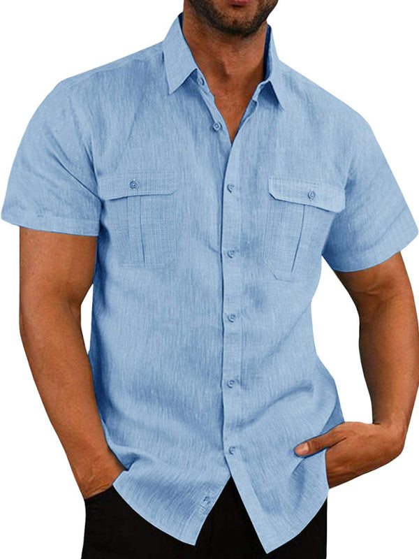  Men's Buttoned Short Sleeve Top with Lapel and Pockets - Wazzi's Wear