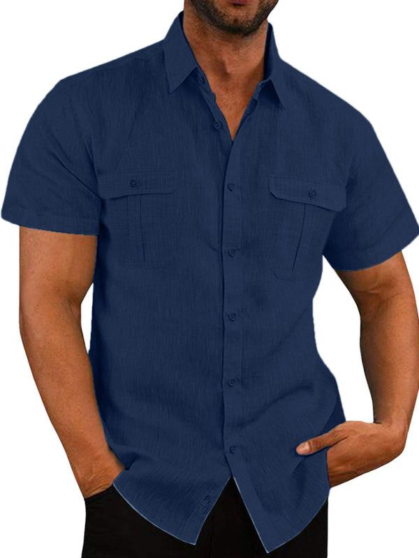 Men's Buttoned Short Sleeve Top with Lapel and Pockets - Wazzi's Wear