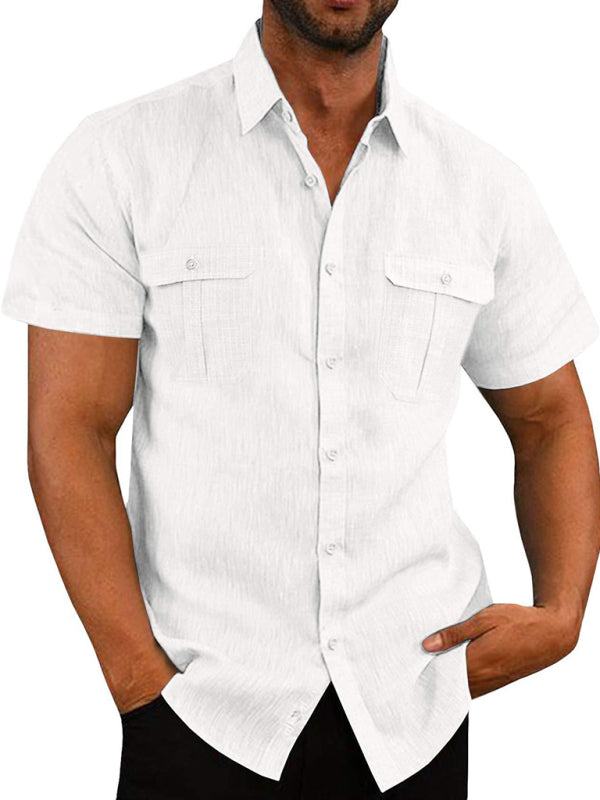 Men's Buttoned Short Sleeve Top with Lapel and Pockets - Wazzi's Wear