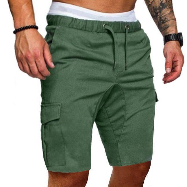 Multi-Pocket Solid Color Men’s Cargo Shorts with Drawstring