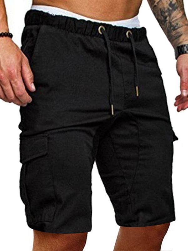 Multi-Pocket Solid Color Men’s Cargo Shorts with Drawstring