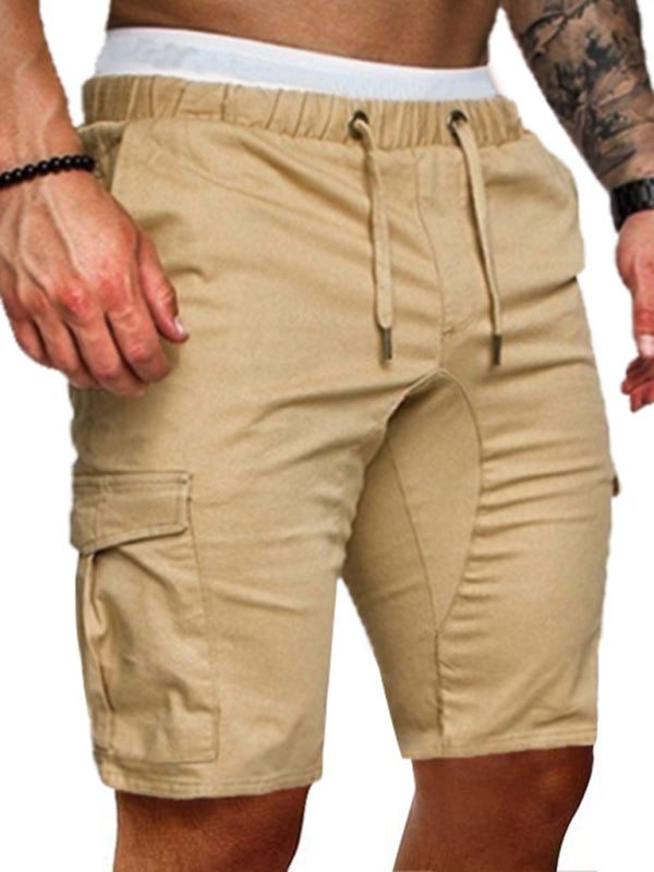 Multi-Pocket Solid Color Men’s Cargo Shorts with Drawstring