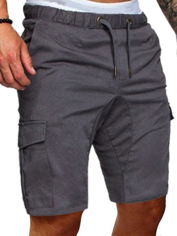 Multi-Pocket Solid Color Men’s Cargo Shorts with Drawstring