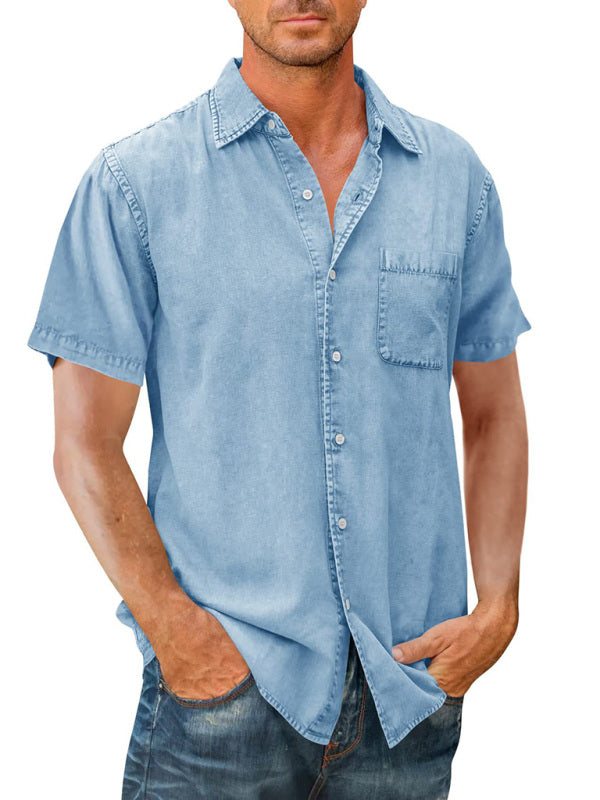 Men's Denim Short Sleeve Buttoned Shirt with Pockets in 5 Colors - Wazzi's Wear