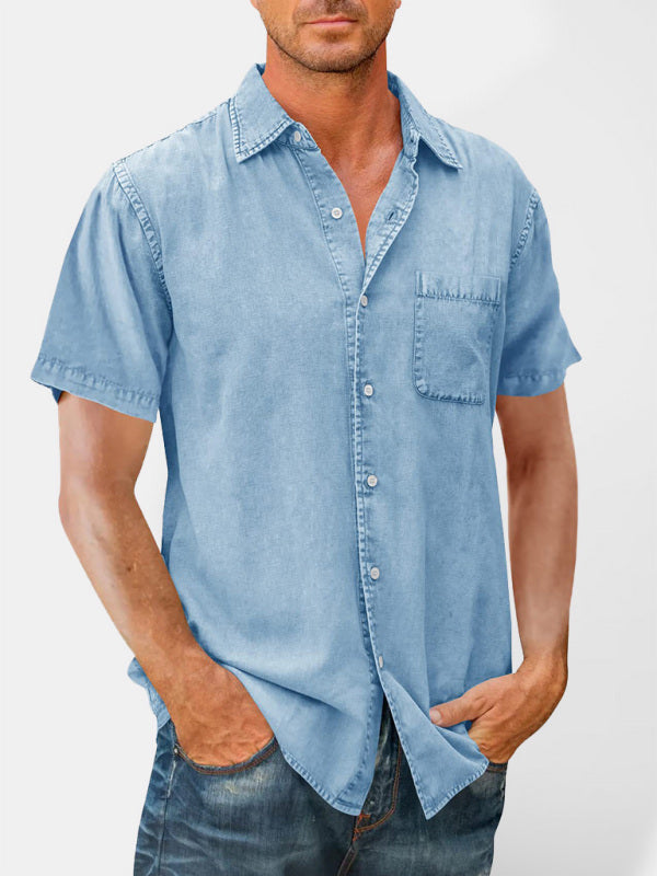 Men's Denim Short Sleeve Buttoned Shirt with Pockets in 5 Colors - Wazzi's Wear