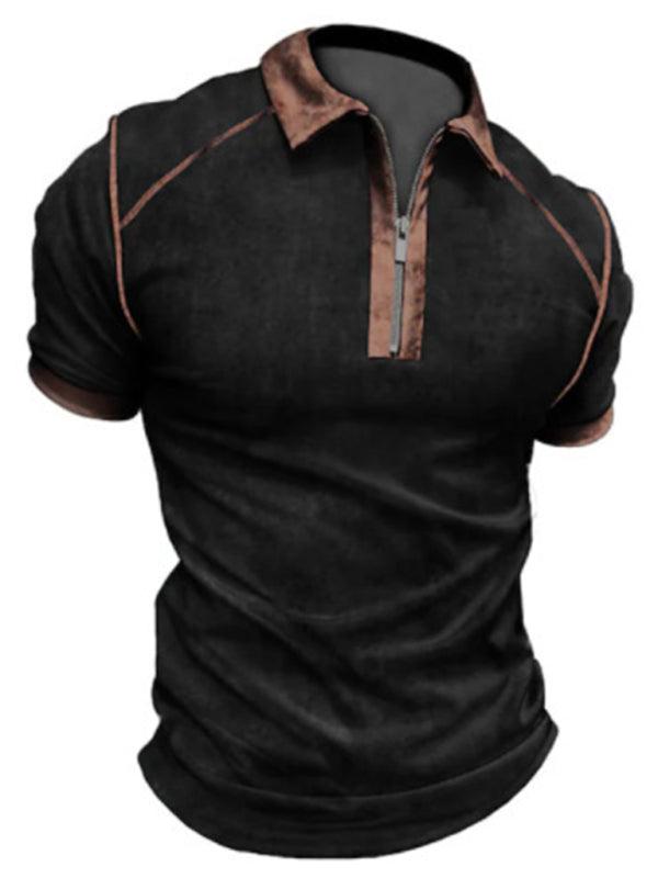 Men's Color Block Short Sleeve Polo Shirt with Zipper in 6 Colors S-3XL