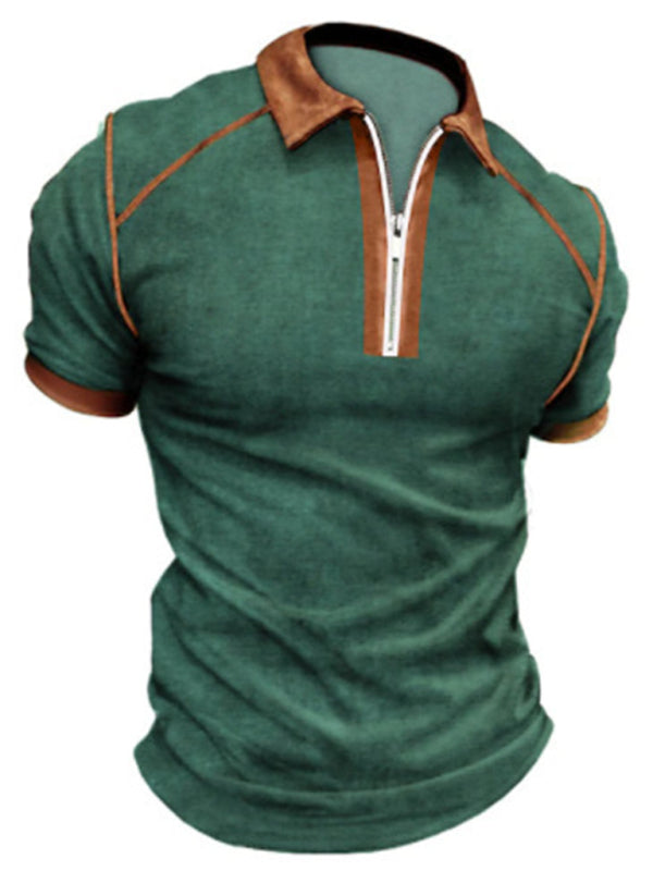 Men's Color Block Short Sleeve Polo Shirt with Zipper in 6 Colors S-3XL - Wazzi's Wear