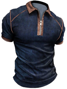 Men's Color Block Short Sleeve Polo Shirt with Zipper in 6 Colors S-3XL