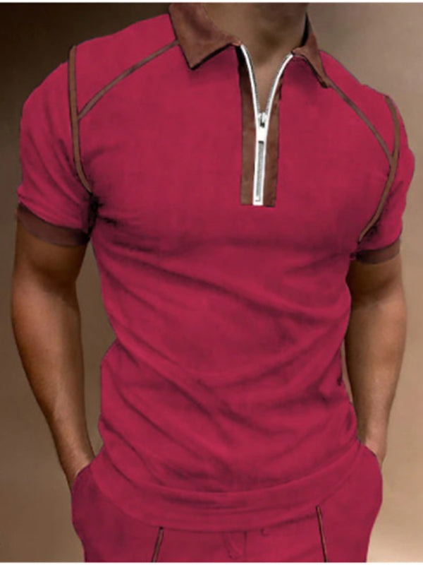 Men's Color Block Short Sleeve Polo Shirt with Zipper in 6 Colors S-3XL - Wazzi's Wear
