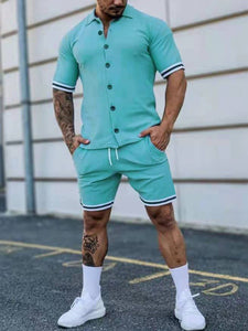 Men's Buttoned Short Sleeve Shirt + Shorts Set in 8 Colors S-4XL