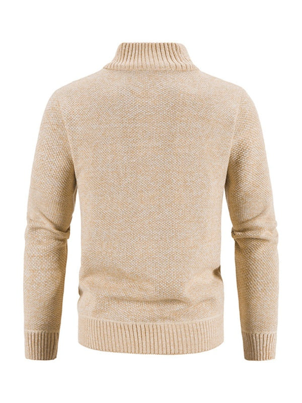 Men's long sleeve knit cardigan jacket in beige, back view, self design, autumn-winter style.