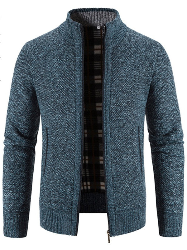 Men's long sleeve knit cardigan jacket, blue, autumn-winter style, polyester-spandex blend.