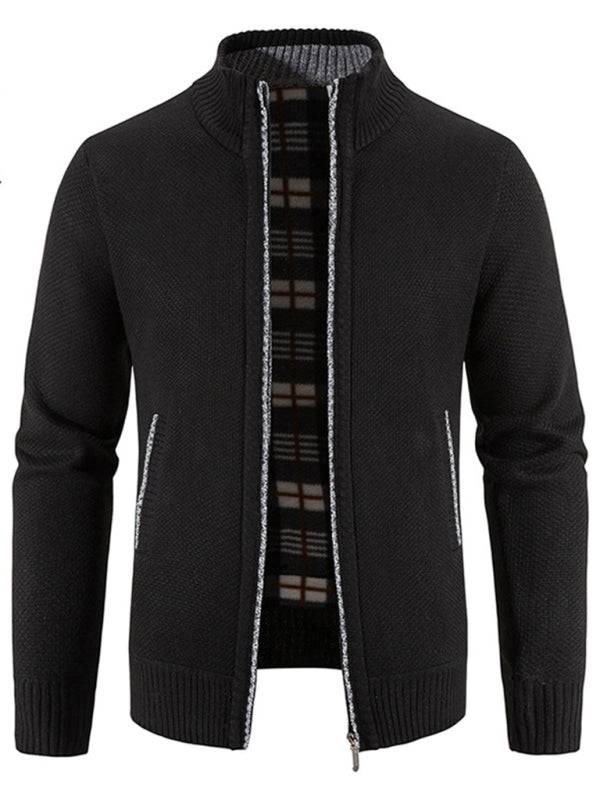 Men's long sleeve knit cardigan jacket in black, featuring a self-design pattern and zip closure.